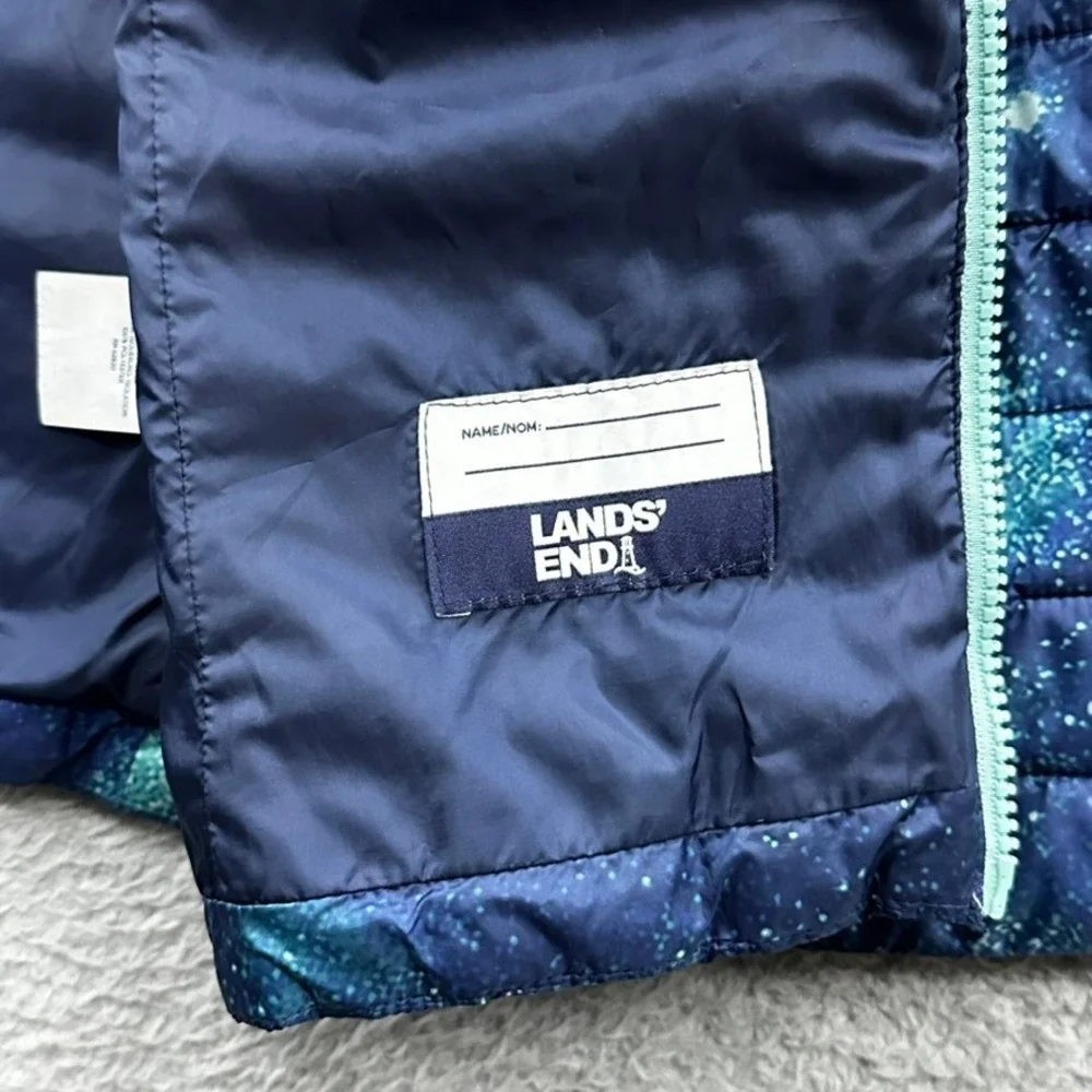 Lands End Kids Large (10-12) Galaxy Print Puffer Jacket Blue Teal Star Full Zip
